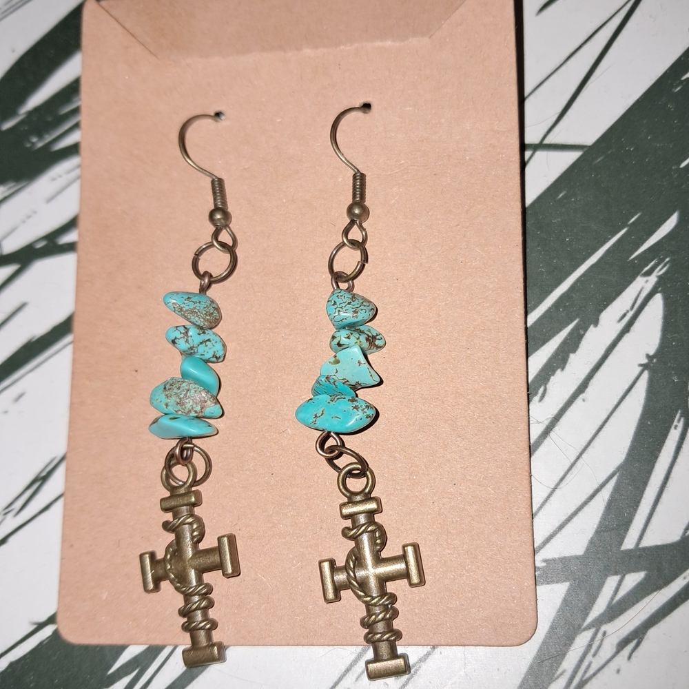 Turquoise and Gold Christian Dangle Earrings